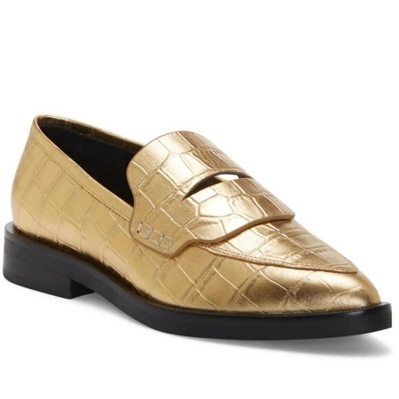 Rebecca Minkoff Women's EUC Pacey Penny Pointed Loafer In Gold Leather Size 6.5 - Picture 1 of 10